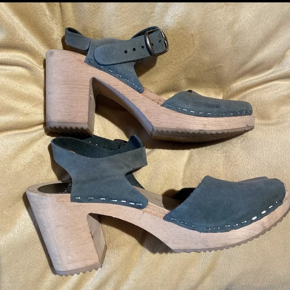 Funkis Swedish Forms Frida Heel Sandals Sz 37 Green Suede Wood Clog Platform - Picture 7 of 12